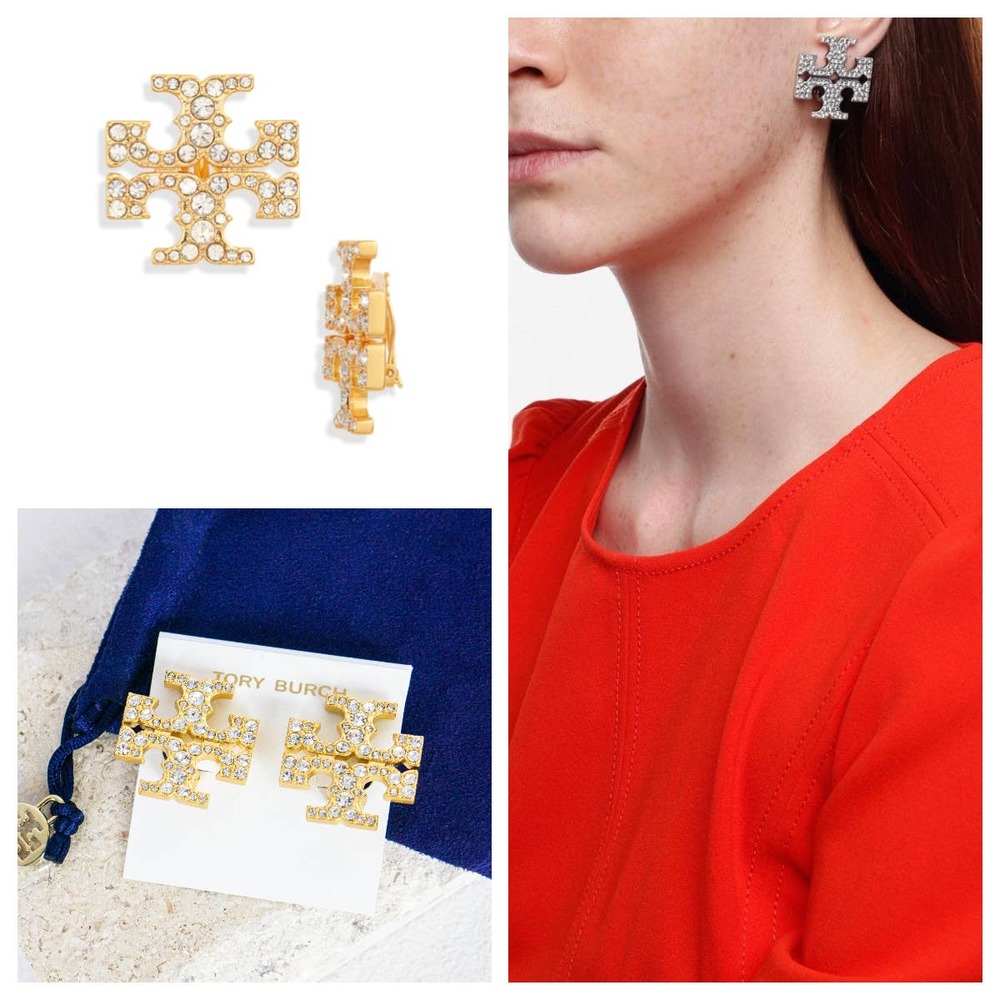 Tory Burch Kira Large Crystal Logo Stud Earrings Gold